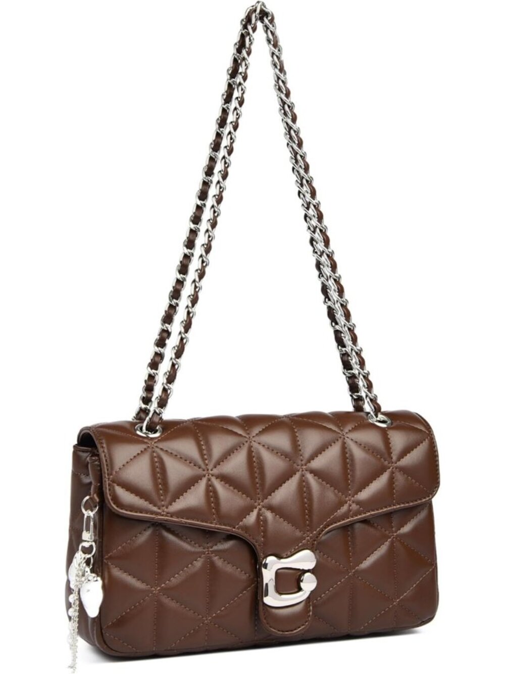 Women's Coffee Quilted Crossbody Bag Vegan Leather Chain Shoulder Purse